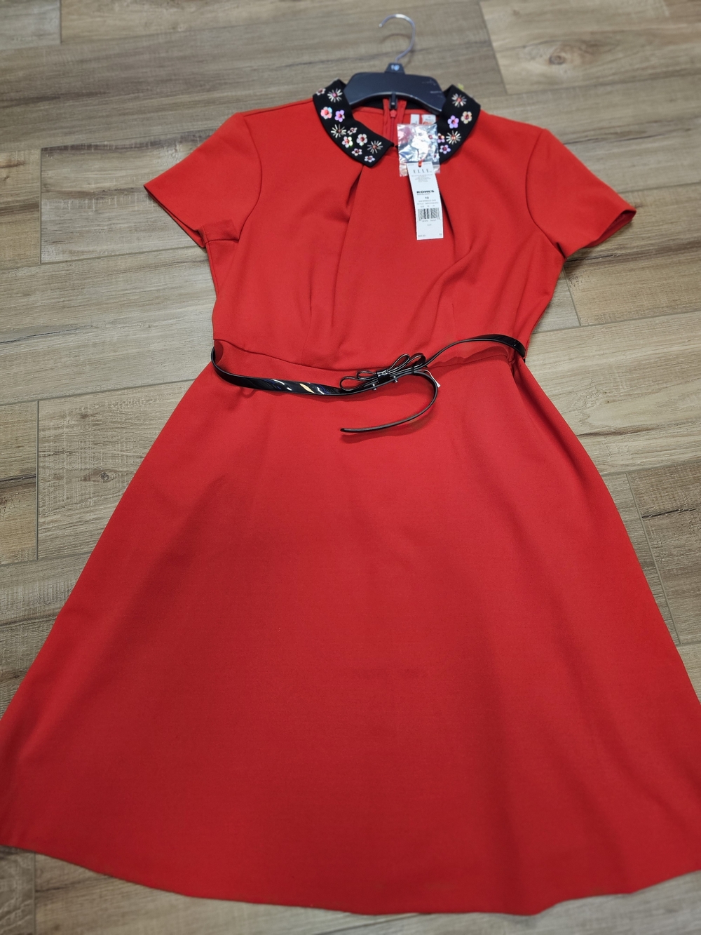 Elle embellished-Collar Red Fit & Flare Dress